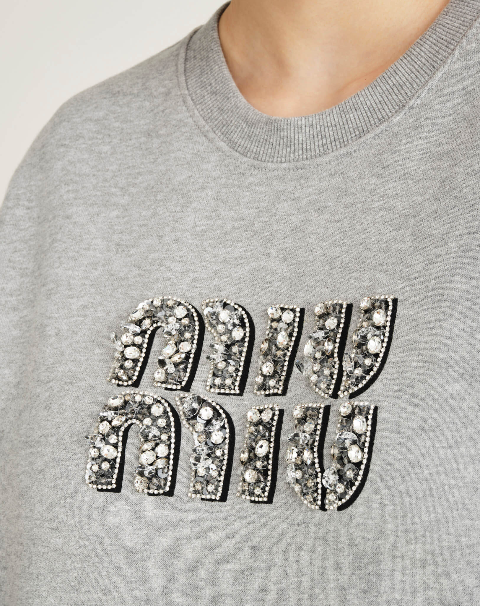 Miu Miu -Crystal Embellished Short Sleeve Cotton Fleece Sweatshirt M